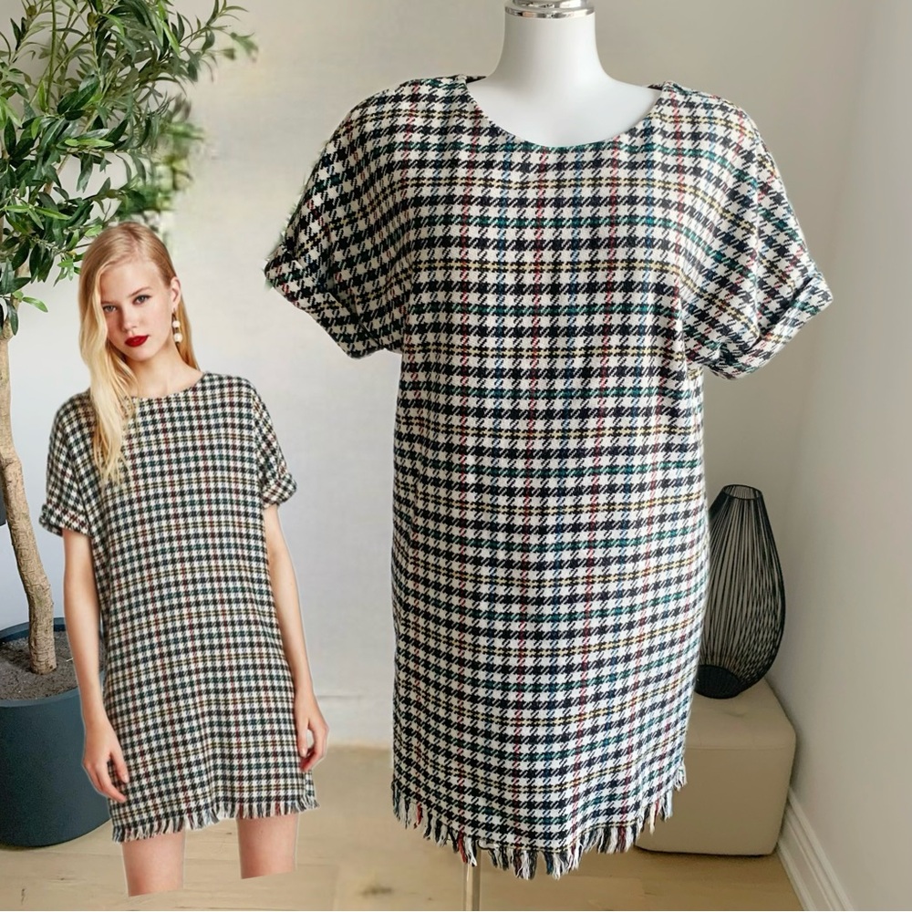 ZARA Tweed Houndstooth Dress XS Multicolor Fringe Hem Loose Fit - Picture 1 of 10
